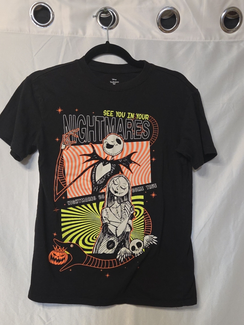 Disney Black Graphic Tee with Neon Orange and Lime Accents Xsmall